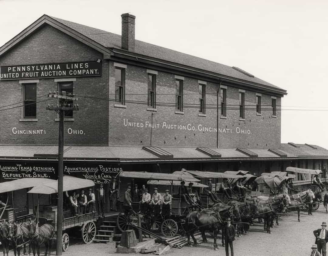 Black and white photo of the Pennsylvania lines united fruit fruit auction company in cincinnati Ohio