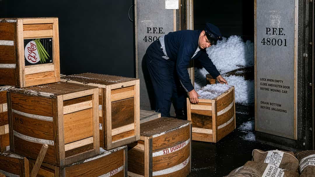 Vintage photo of a Castellini worker taking storage box out of a fridge
